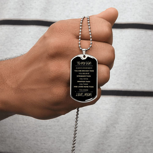 To My Son Always Remember - Love Mom (black & gold - black background) | Graphical Dog Tag & Ball Chain (Steel)