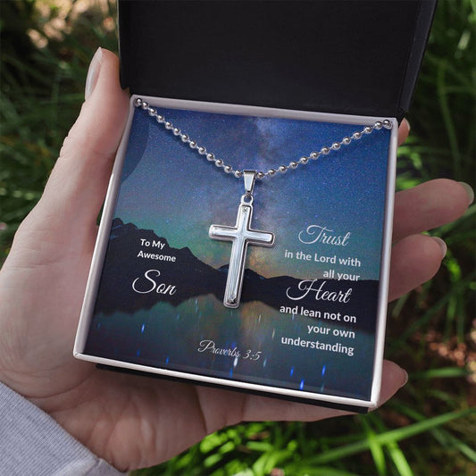 Trust In The Lord With All Your Heart - Proverbs 3:5 | Stainless Cross Necklace with Ball Chain