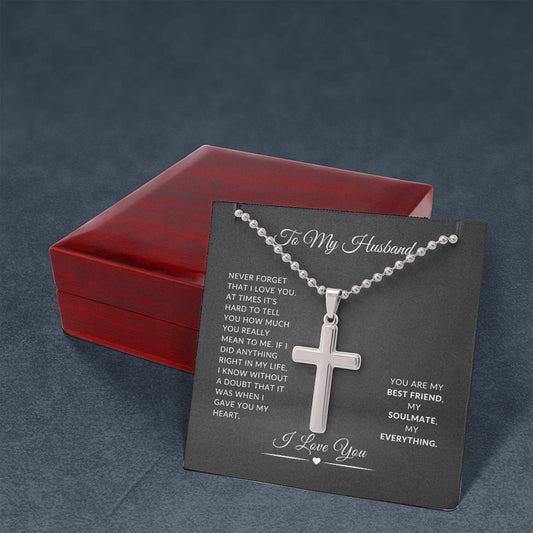 To My Husband - Never Forget I love You (dark gray background)  | Stainless Cross Necklace with Ball Chain