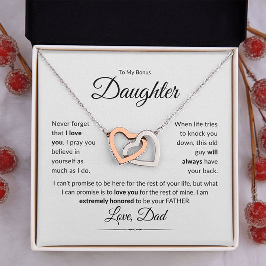 To My Bonus l Daughter - Never Forget I Love You | Love Dad | Interlocking Hearts Necklace