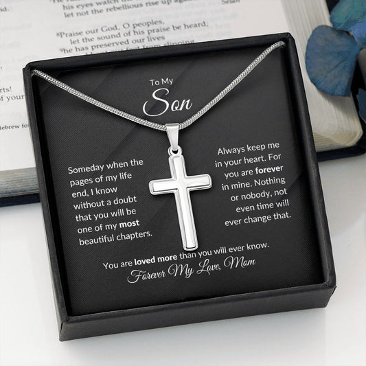 To My Son - Pages of My Life Forever My Love Mom (black background) | Stainless Cross Necklace with Ball Chain