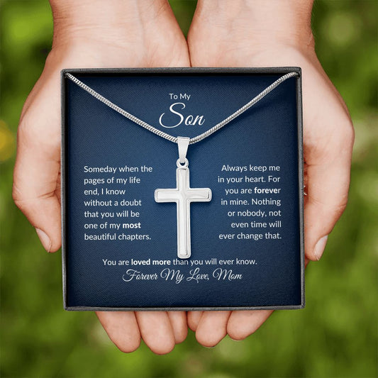 To My Son - Pages of My Life Forever My Love Mom (blue background) | Stainless Cross Necklace